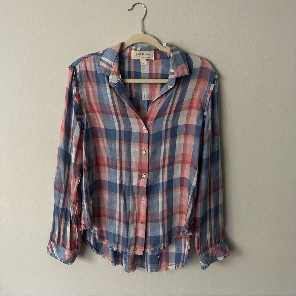 Anthropologie Cloth & Stone Western Frayed Plaid Buttondown Red and Blue Small - Picture 4 of 13